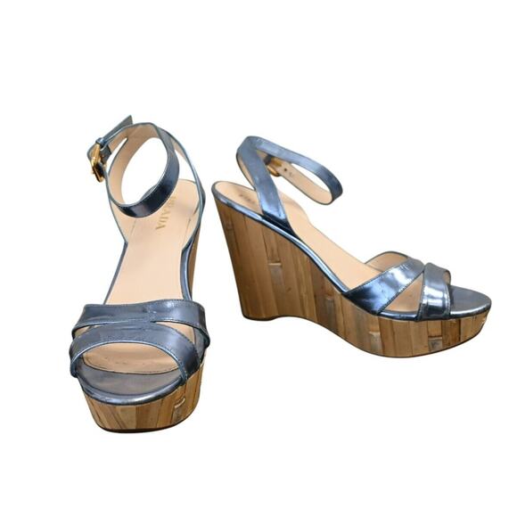 PRADA Blue Metallic Bamboo Wedges Size 39 - Picture 1 of 16